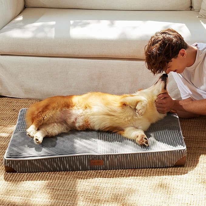 FUKUMARU Dog Bed, Plush Corduroy Orthopedic Dog Beds with Washable Cover, Large Waterproof Dogs Bed for Crate, Egg Crate Foam Support Pet Mat, Cozy Pet Bed Mat with Anti-Slip Bottom, Grey