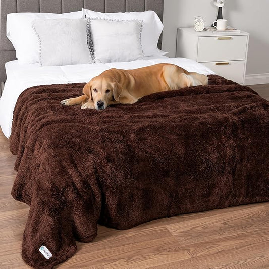 PetAmi Fluffy Waterproof Dog Blanket for Bed Large Dogs, Soft Warm Pet Sherpa Throw Pee Proof Couch Cover, Reversible Cat Blanket Sofa Crate Kennel Protector, Washable Mat Queen (Brown, 90x90)