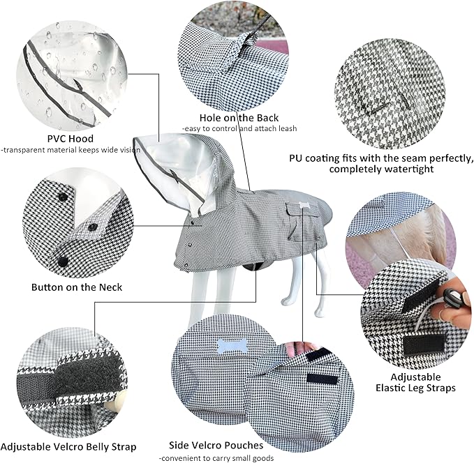 Waterproof Dog Raincoat, Adjustable Reflective Lightweight Pet Rain Clothes with Poncho Hood(XX-Large,Black&White)