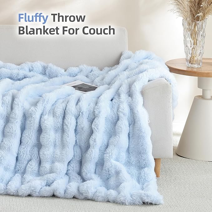 Smoofy Faux Fur Throw Blanket for Couch Rabbit Fleece - Light Blue Fluffy Blanket for Sofa Bedroom Living Room, Cozy Soft Plush Luxury Thick Winter Fuzzy Comfy Bubble Blanket - 50" x 60"