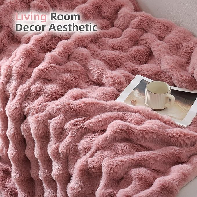 Smoofy Faux Fur Throw Blanket for Couch – Old Pink Fluffy Cozy Rabbit Fleece, Plush Soft Bubble Blanket for Sofa & Bed, for Mom, Warm Fuzzy Home Room Decor Throw 60" x 80"