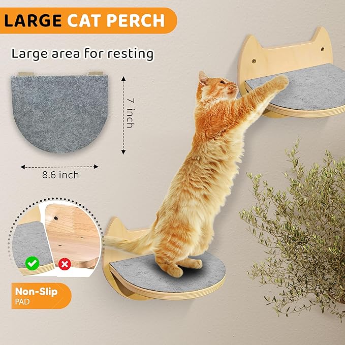 2 Pcs Cat Wall Steps – Indoor Premium Hardwood Cat Stairs – Cat Wall Shelves with Scratching Pads – Modern Wall Mounted Furniture for Climbing, Jumping & Lounging - for Large Cats