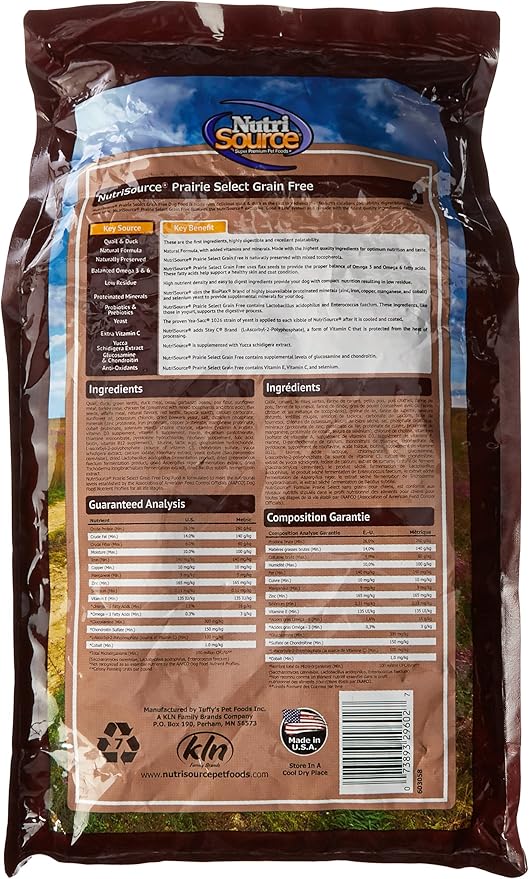 NutriSource Prairie Select Grain-Free Dog Food, Made with Quail and Duck, 5LB, Dry Dog Food
