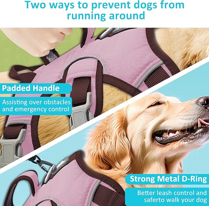 Escape Proof Dog Harness, No Pull Reflective Adjustable Vest with Easy Control Lift Handle, No Choke Soft Padded Breathable Full Body Pet Harness for Walking Hiking and Training (Pink, Medium)