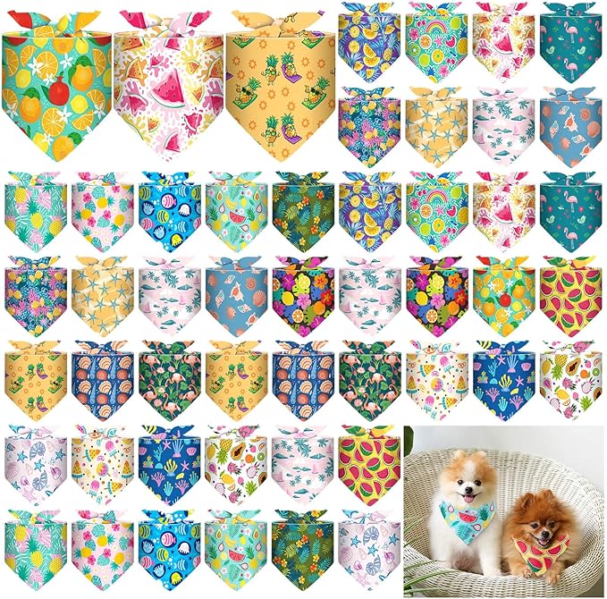 Sanwuta 48 Pcs Dog Bandana Bulk Summer Scarf Washable Flamingo Dogs Bibs Adjustable Washable Kerchief Puppy Bandana for Small and Large Party Pet Bandanas Handkerchief Hawaii Beach Scarf Accessories