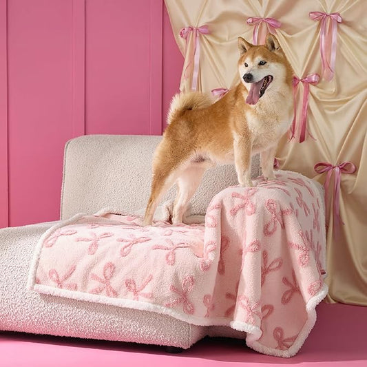 Lesure Waterproof Puppy Blanket for Large Dogs - Washable Double Sided Dog Blankets with Warm Jacquard Shag and Soft Sherpa Fleece, Pet Cat Blanket for Couch Protection, Bow Design,Pink Taffy