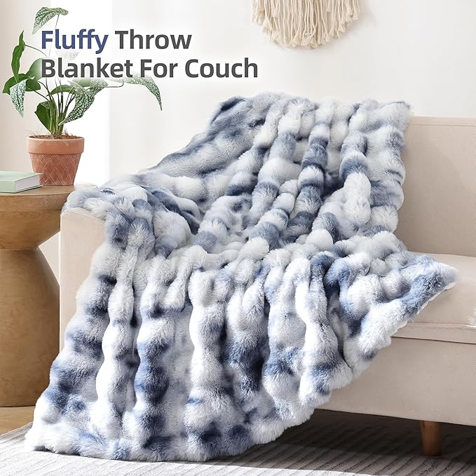 Smoofy Faux Fur Throw Blanket for Couch Rabbit Fleece - Tie-dye Blue Fluffy Blanket for Sofa Bedroom Living Room, Cozy Soft Plush Luxury Thick Winter Fuzzy Comfy Bubble Blanket - 50" x 60"