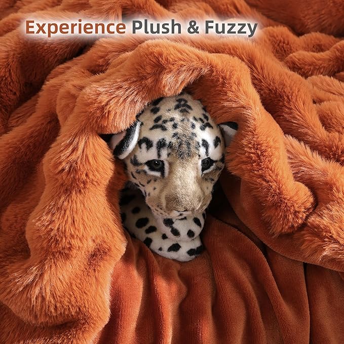 Smoofy Faux Fur Fall Throw Blanket for Couch – Burnt Orange Fluffy Cozy Rabbit Fleece, Plush Soft Bubble Blanket for Sofa & Bed, for Mom, Warm Fuzzy Home Room Decor Throw 60" x 80"