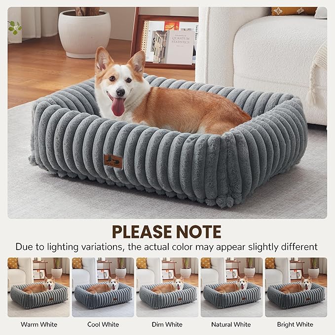 Orthopedic Dog Bed for Small Medium Dogs - Washable Rectangle Corduroy Fleece Pet Bed with Removable Cover and Nonskid Bottom, Calming Puppy Bed Soft Pet Sofa, Grey(35x25x9inchs)