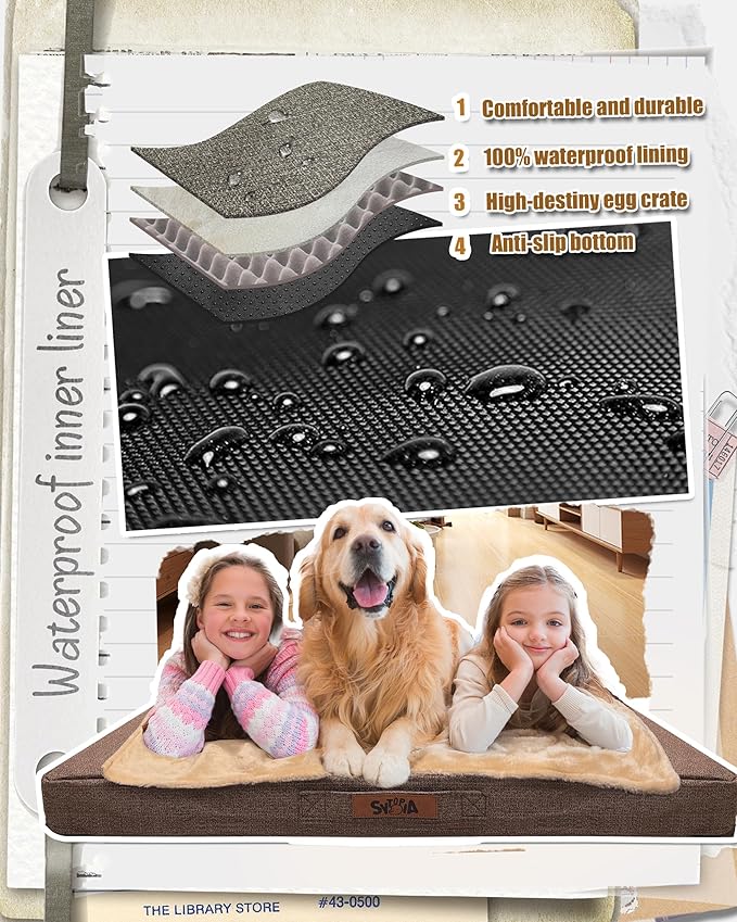 Sytopia 42'' XL Outdoor Indestructible Dog Beds for Extra Large Dogs with Detachable Blanket, Removable Waterproof and Washable Cover, Egg Crate Foam, Include Blanket, Brown