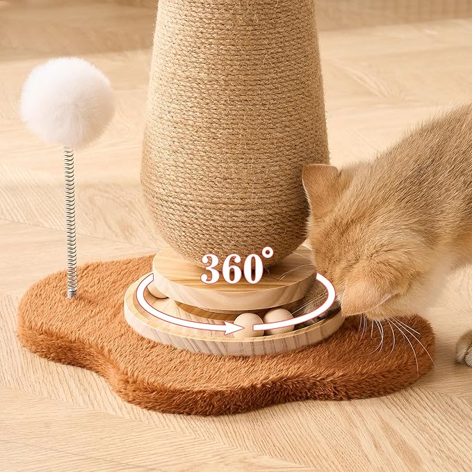 Mushroom Cat Scratching Post Cat Tree, 21.5โโ H Cute Cat Scratcher Tower with Durable Solid Wood Turntable Toy, Acorn Brown Mushroom Scratch Post Cat Sisal Scratcher with Catnip for Indoor Cats