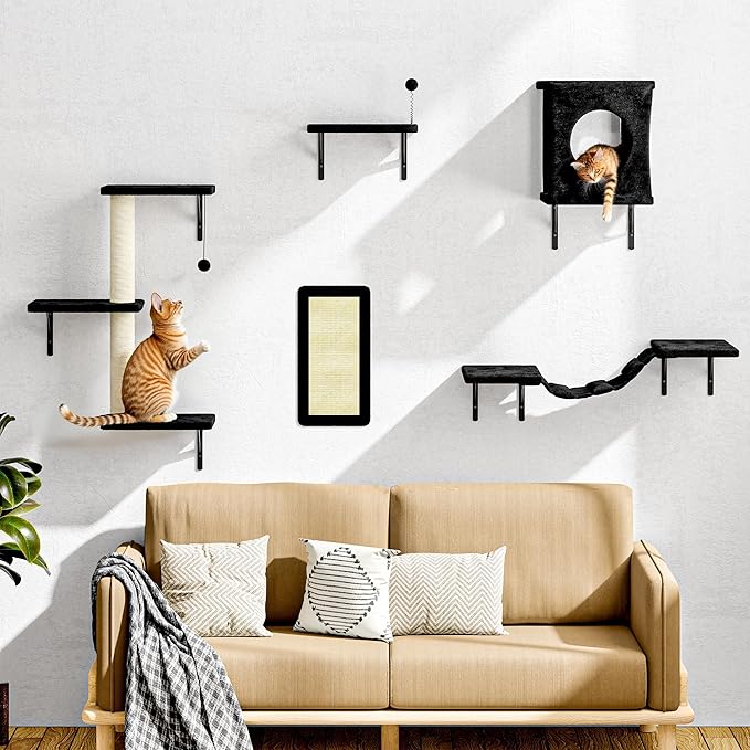 NUNU LAB Cat Wall Shelves Set, 5 Pcs Wall-Mounted Cat Climber with Condo House, Bridge Ladder, Scratching Post, Indoor Cat Furniture Set, Black