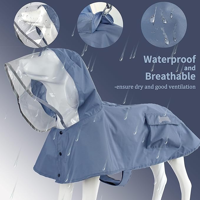 Waterproof Dog Raincoat, Adjustable Reflective Lightweight Pet Rain Clothes with Poncho Hood(X-Small, Blue&Grey)