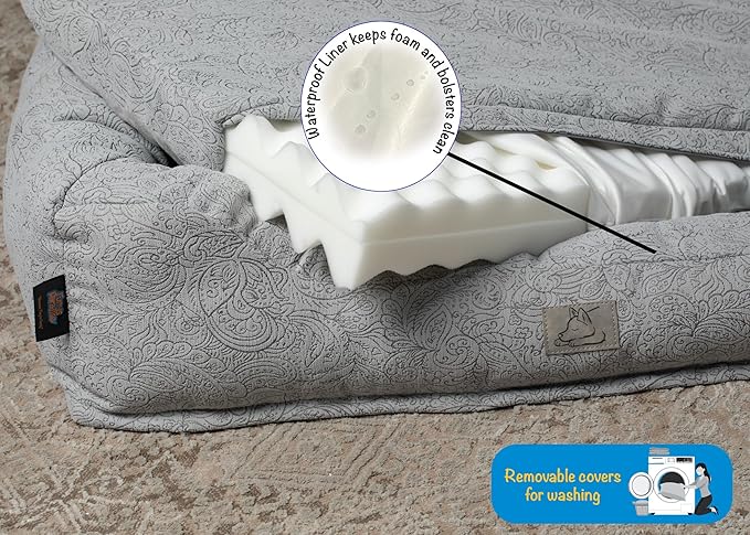 Furry's Paradise Foam Cuddler Waterproof Bolster Pet Bed with Reversible Cushion, Recycled Fibers and Non-Slip Bottom. (Gray Paisley, Orthopedic Small)