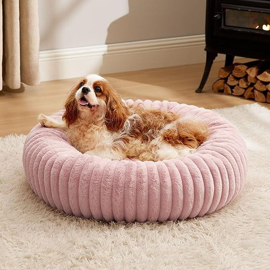 Bedsure Donut Medium Dog Bed - Washable Faux Fur with Corduroy Fleece & Anti Slip Bottom, Round Pet Bed with Removable Cover, Blush Pink, 30x30x8 inches