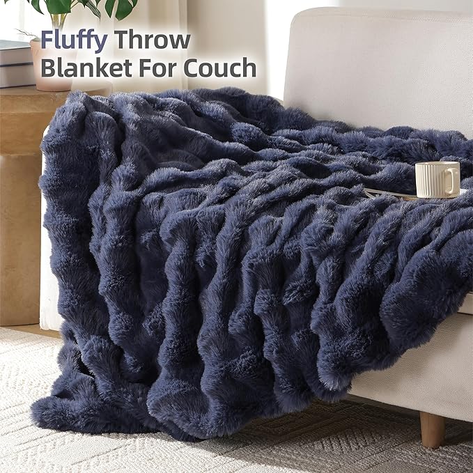 Smoofy Faux Fur Throw Blanket for Couch – Navy Blue Fluffy Cozy Rabbit Fleece, Plush Soft Bubble Blanket for Sofa & Bed, for Mom, Warm Fuzzy Home Room Decor Throw 50" x 60"