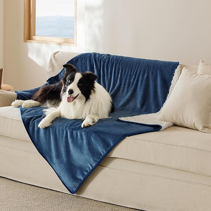 Bedsure Waterproof Dog Blankets for Extra Large Dogs - XL Cat Blanket Washable for Couch Protection, Sherpa Fleece Puppy Blanket, Soft Plush Reversible Throw Furniture Protector, 50"x60", Blue