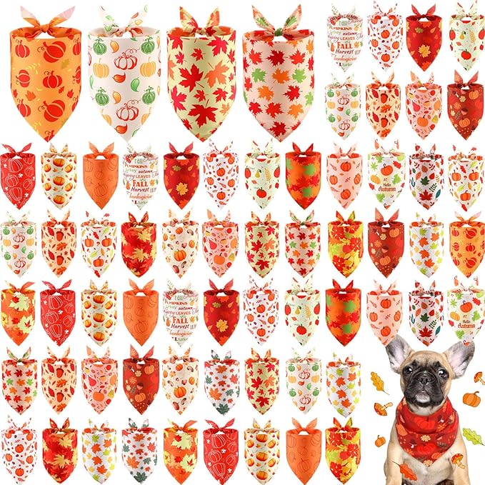 Chunful 60 Pcs Fall Bandanas for Dogs Autumn Maple Leaf Pumpkin Patterns Soft Bibs Adjustable Triangle Doggie Scarf for Small Medium Large Pet Costume(25.6 x 17.7 x 17.7 Inch)