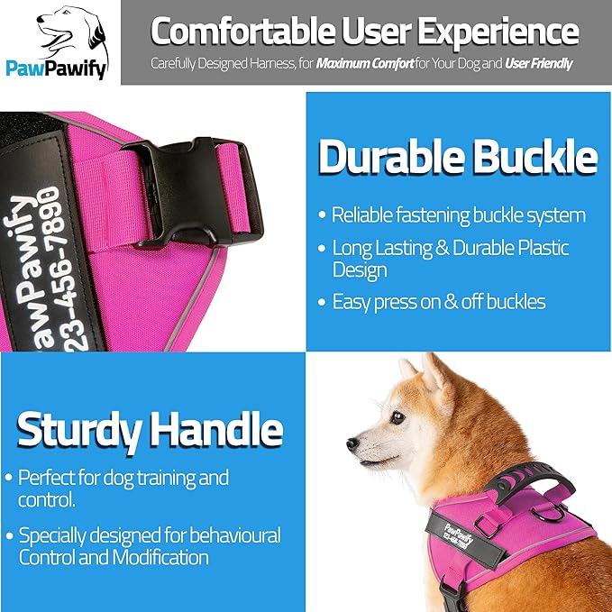 PawPawify Custom No Pull Dog Harness with Name and Phone Number, Heavy Duty Personalized Pet Vest to Prevent Tugging, Pulling, or Choking, Training and Walking (New Pink, M (20-40 LBS))