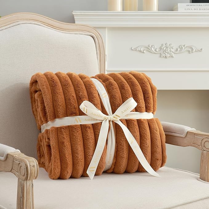 Amélie Home Faux Fur Throw Blanket for Couch, Cozy Fuzzy Fluffy Fur Luxurious Soft Striped Plush Gift Blankets for Family Sofa Chair Bedroom, 55"x70", Brown