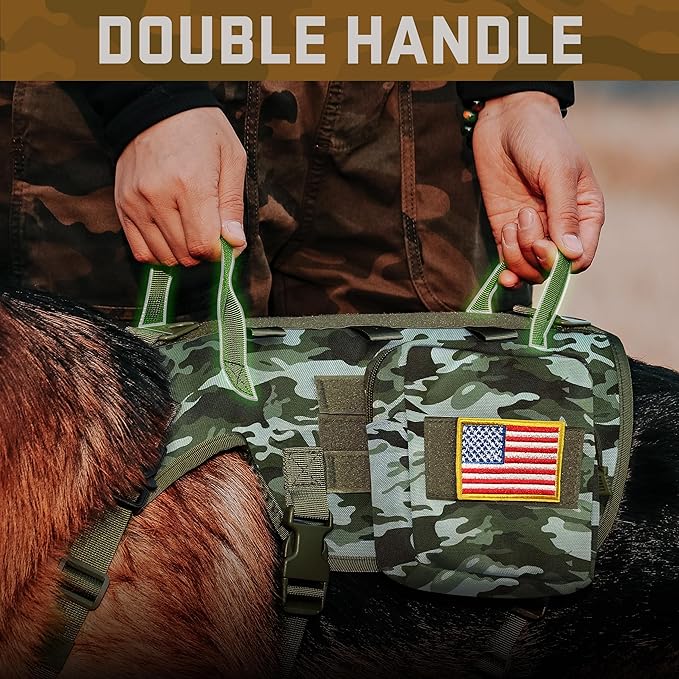 Forestpaw Tactical Dog Harness Tactical Dog Collar with Bungee Leash Set,No Pull Military Dog Harness for Walking Training,Adjustable for Medium Large Dogs,Camouflage Green,Chest 19.5-41.5"