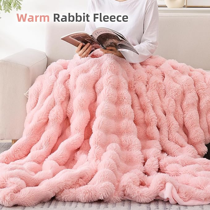 Smoofy Faux Fur Blanket Rabbit Fleece - Blush Pink Fluffy Blanket for Sofa, Cozy Soft Plush Throw Blanket for Couch Bed, Luxury Thick Fuzzy Couch Blanket for Winter, Comfy Bubble Blanket - 60" x 80"