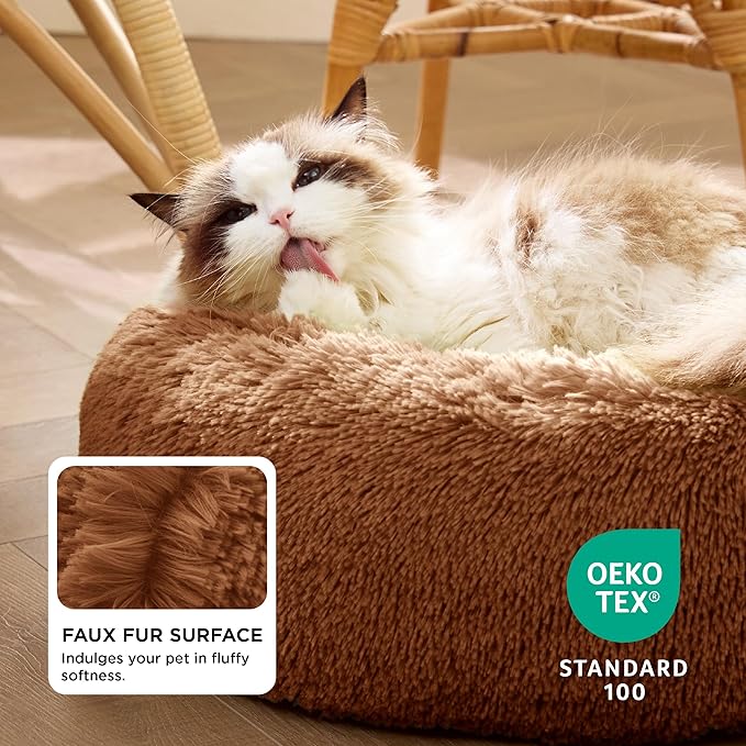 Bedsure Calming Cat Beds for Indoor Cats - Small Cat Bed Washable 20 inches, Anti-Slip Round Fluffy Plush Faux Fur Pet Bed, Fits up to 15 lbs Pets, Copper