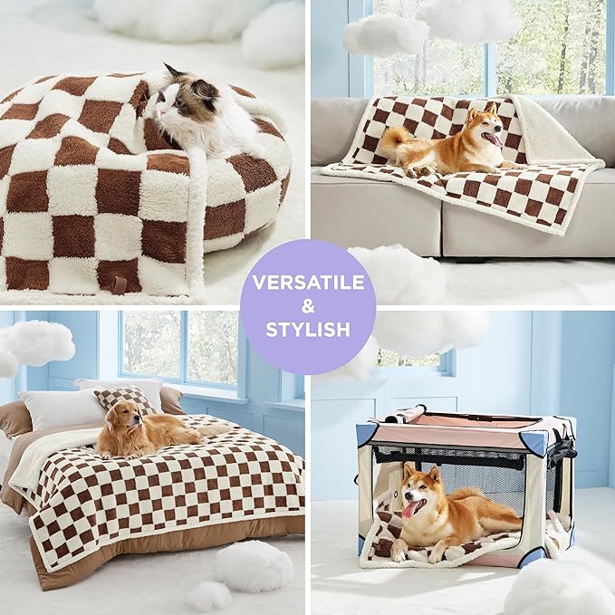 Lesure Waterproof Dog Blanket for Large Dogs - Washable Double Sided with Warm Jacquard Shag and Soft Sherpa Fleece, Pet Cat Blanket for Couch Protection, 3D Textured Checks, Brown