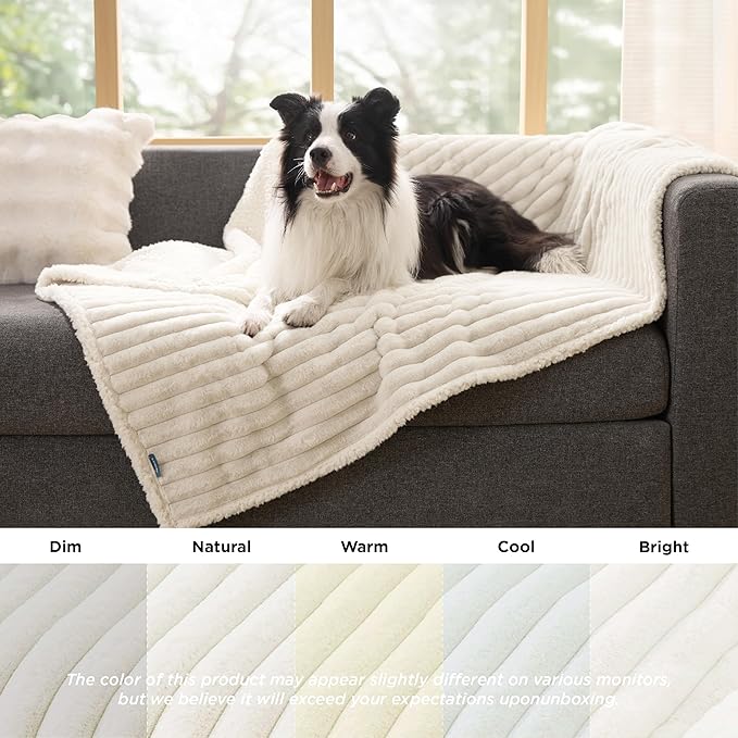 Bedsure Waterproof Dog Blankets for Large Dogs - Soft Pet Cat Blanket Corduroy Fleece for Couch Bed Protector Washable, Cozy Calming Reversible Furniture Protection for Puppy,50"x60", Cream