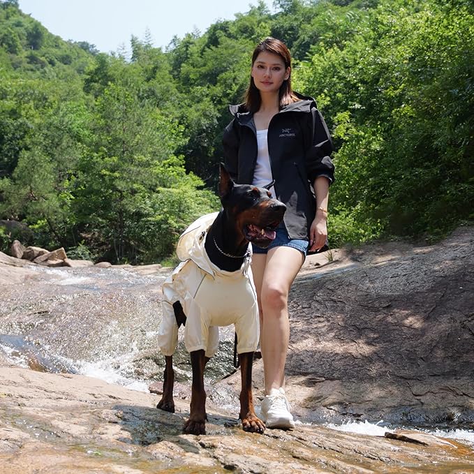 LOVELONGLONG Waterproof Dog Raincoat with Removable Hood – Outdoor Full Body Dog Jacket, Windproof Snowproof Shell Suit – All Season Pet Rain Gear Ivory 3XL