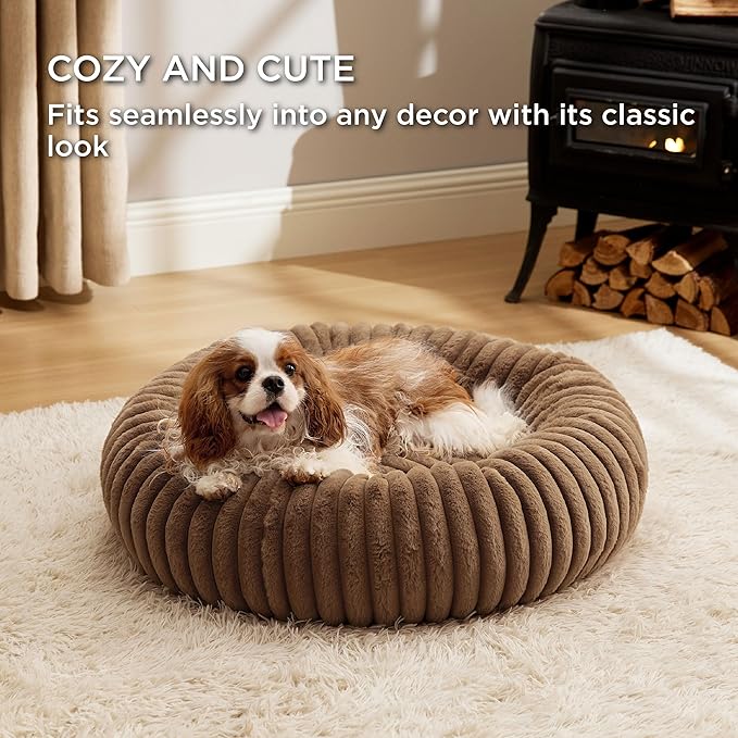 Bedsure Donut Medium Dog Bed - Washable Faux Fur with Corduroy Fleece & Anti Slip Bottom, Round Pet Bed with Removable Cover, Camel Brown, 30x30x8 inches