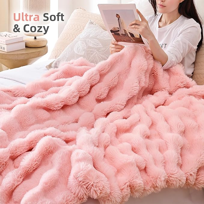 Smoofy Faux Fur Blanket Rabbit Fleece - Blush Pink Fluffy Blanket for Sofa, Cozy Soft Plush Throw Blanket for Couch Bed, Luxury Thick Fuzzy Couch Blanket for Winter, Comfy Bubble Blanket - 60" x 80"