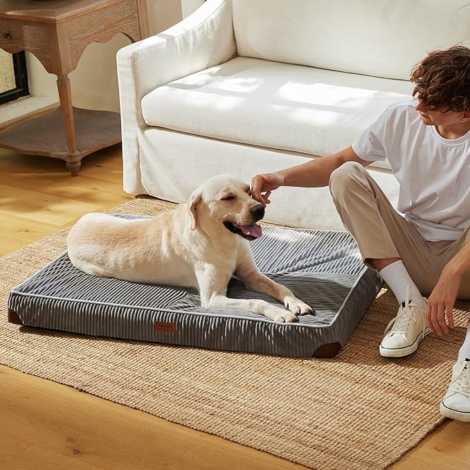 FUKUMARU Dog Bed, Plush Corduroy Orthopedic Dog Beds with Removable Washable Cover, XL Waterproof Dogs Bed for Crate, Egg Crate Foam Support Pet Mat, Cozy Pet Bed Mat with Anti-Slip Bottom, Grey