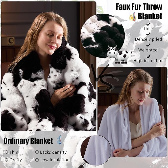 Faux Fur Throw Blanket for Couch, Fluffy Fuzzy Plush Bubble Blanket, Soft Warm Cozy Shaggy Rabbit Blanket, Luxury Decorative Gifts for Sofa Bedroom Living Room, 60x80inch (Cow Print-Black)