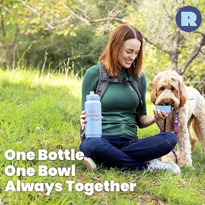 Dog Water Bottle for Dog Lovers - 32 oz Stainless Steel Double Wall Insulated Water Bottle with 8 oz Detachable Bowl - Doggy Lover Gift for Hiking, Walking, Travel - “Life is Better” - Dusty Blue