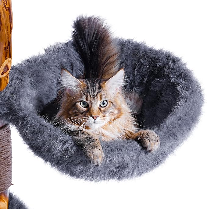 Aesthetic Cat Tree Tower for Large Cats, Large Cat Tree for Maine Coon Indoor Cats with Faux Fox Fur, Solid Wood Sisal Scratching Post, Hammock, Perches, Platform, Toy Ball