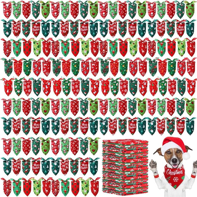 Preboun 200 Pieces Christmas Dog Bandanas Bulk Green and Red Dog Bandanas for Dogs Xmas Dog Kerchief Set Holiday Dog Bandanas for Christmas Puppy Small Large Dog Costume Accessories