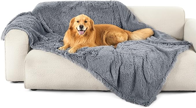 Bedsure Waterproof Dog Blankets for Large Dogs - Cat Blanket for Bed Couch Protector Washable Long Faux Fur, Calming Soft Reversible Throw Furniture Protection for Puppy Pet, 60"x80", Grey