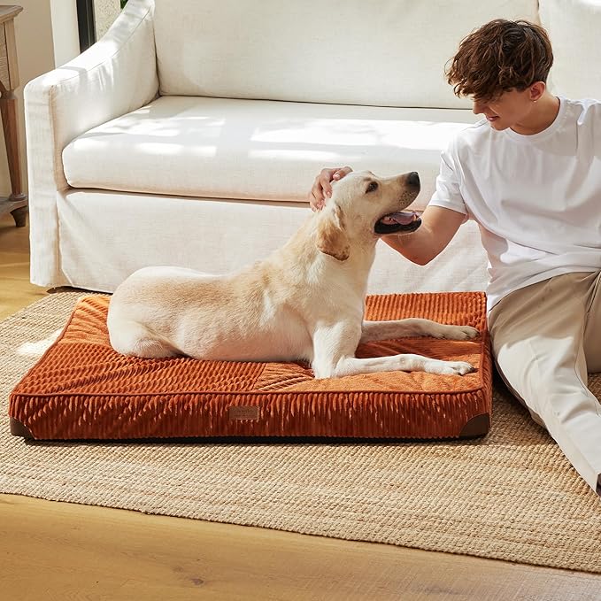 FFUKUMARU Dog Bed, Plush Corduroy Orthopedic Dog Beds with Removable Washable Cover, XL Waterproof Dogs Bed for Crate, Egg Crate Foam Support Pet Mat, Cozy Pet Bed Mat with Anti-Slip Bottom, Orange