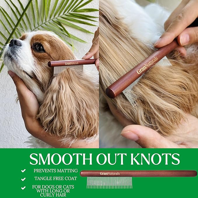 GranNaturals Wooden & Metal Pet Comb for Detangling Hair, Grooming Fur, Dematting for Large and Small Dogs, Long & Short Haired Cats
