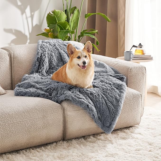 Bedsure Waterproof Dog Blankets for Medium Dogs Washable - Cat Blanket for Couch Protector Long Faux Fur, Calming Soft Reversible Throw Furniture Protection for Puppy Pet, 30"x40", Grey
