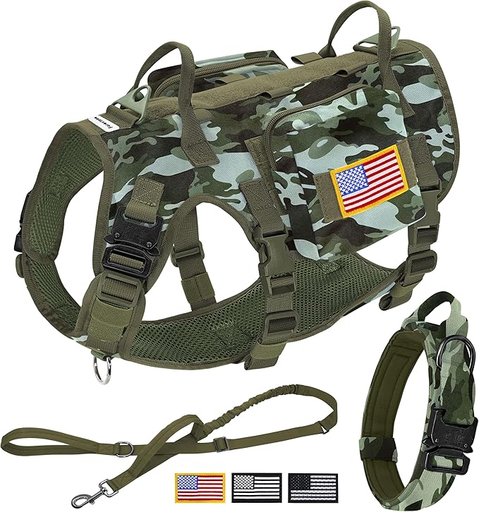 Forestpaw Tactical Dog Harness Tactical Dog Collar with Bungee Leash Set,No Pull Military Dog Harness for Walking Training,Adjustable for Medium Large Dogs,Camouflage Green,Chest 15.5-25.5"