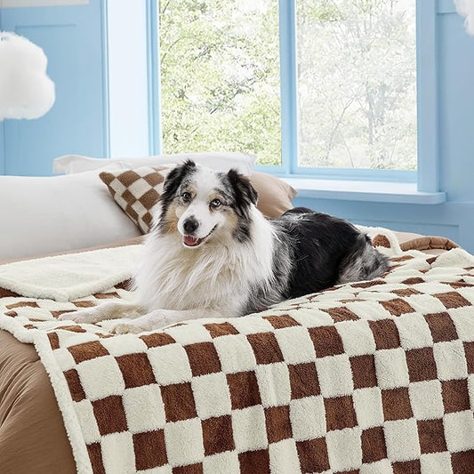 Lesure Waterproof Dog Blanket for Large Dogs - Washable Double Sided with Warm Jacquard Shag and Soft Sherpa Fleece, Pet Cat Blanket for Couch Protection, 3D Textured Checks, Brown