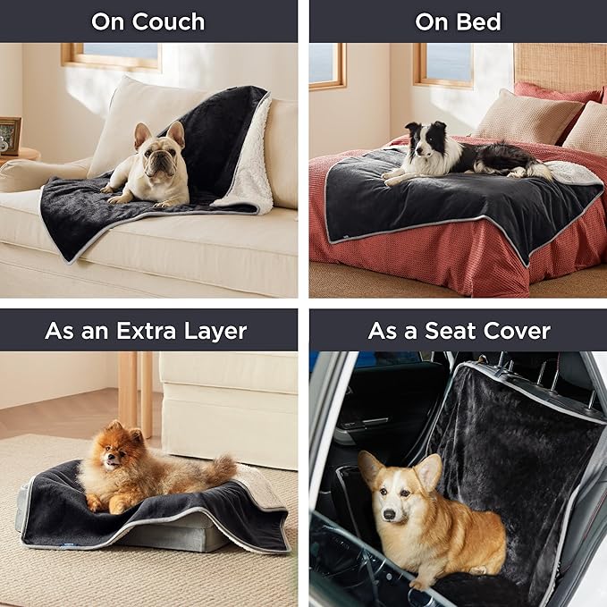 Bedsure Waterproof Blanket for Bed - Sherpa Fleece Waterproof Dog Blankets for Large Dogs, Pet Blankets for Bed/Couch/Dog Crate, Soft Plush Reversible Furniture Protector, King Size, 108"x86", Black