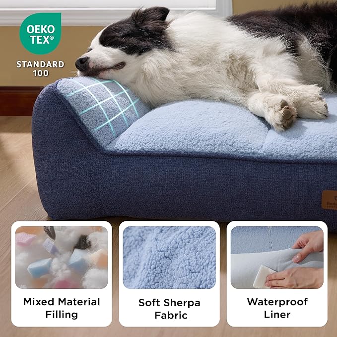 Bedsure Orthopedic Dog Beds Large Medium Sized Dog - Extra Thick Supportive Medium Dogs Bed with Waterproof Washable Cover, Comfort Pet Bed Sofa with Soft Plush Sherpa and Nonskid Bottom, Blue, 35"