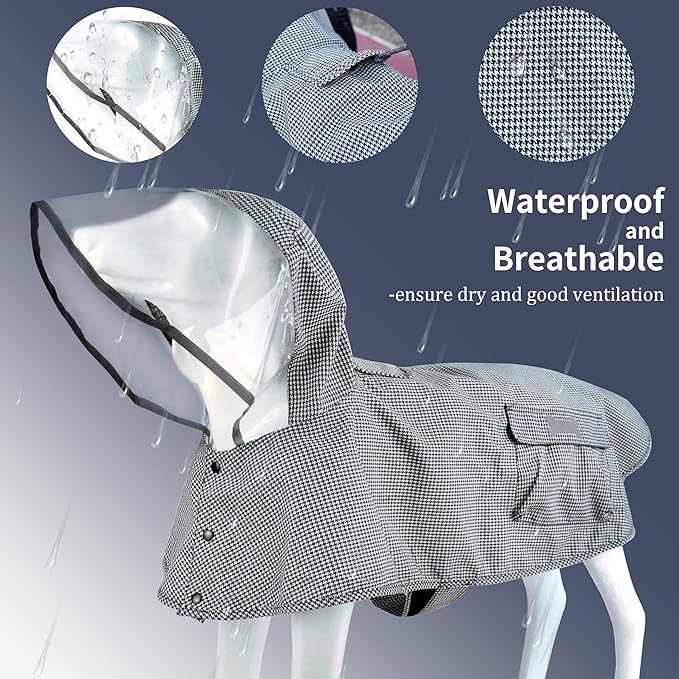 Waterproof Dog Raincoat, Adjustable Reflective Lightweight Pet Rain Clothes with Poncho Hood(XX-Large,Black&White)
