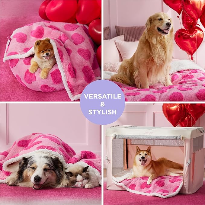 Lesure Waterproof Puppy Blanket for Medium Dogs - Washable Double Sided Dog Blankets with Warm Jacquard Shag and Soft Sherpa Fleece, Pet Cat Blanket for Couch Protection, Love Pattern Design,Pink