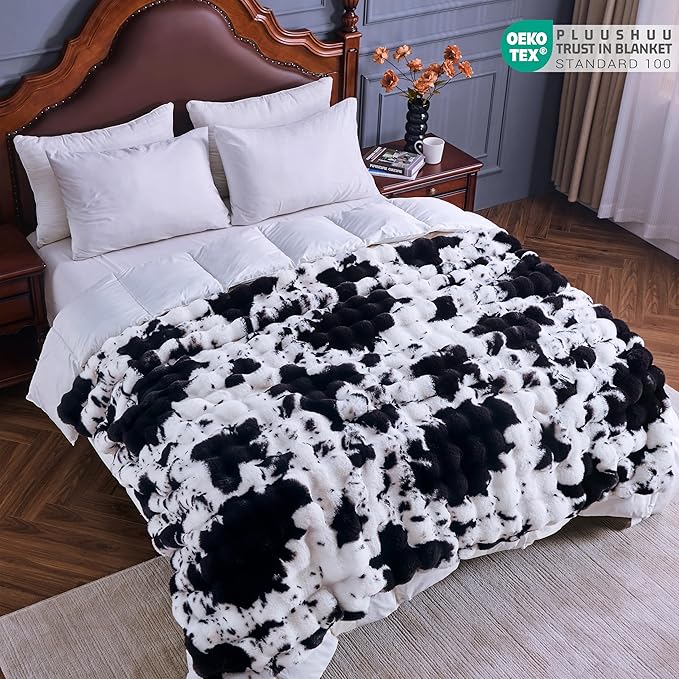 Faux Fur Throw Blanket for Couch, Fluffy Fuzzy Plush Bubble Blanket, Soft Warm Cozy Shaggy Rabbit Blanket, Luxury Decorative Gifts for Sofa Bedroom Living Room, 60x80inch (Cow Print-Black)