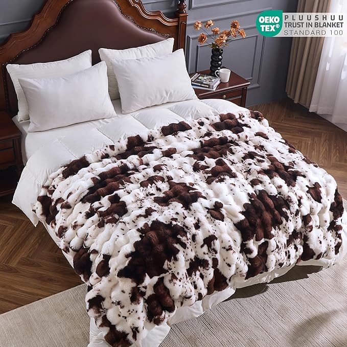 Faux Fur Throw Blanket for Couch, Fluffy Fuzzy Plush Bubble Blanket, Soft Warm Cozy Shaggy Rabbit Blanket, Luxury Decorative Gifts for Sofa Bedroom Living Room, 60x50inch (Cow Print-Brown)