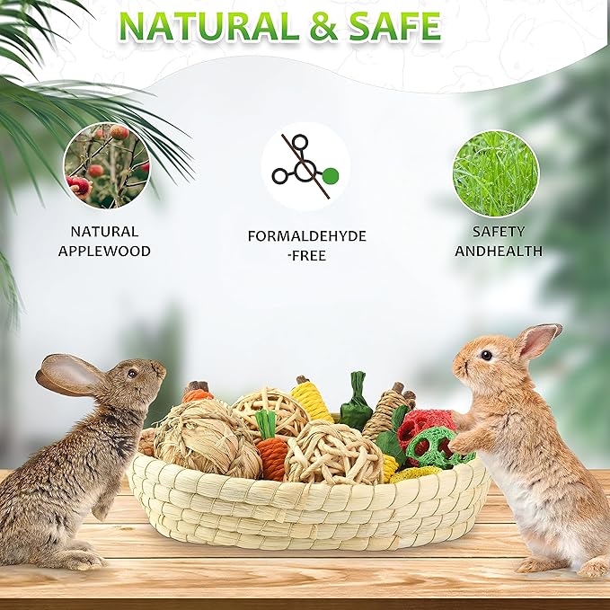 Rabbit Toys 13Pcs, Natural Hay Hamster Chew Toys for Teeth, Handmade Apple Wood Sticks Guinea Pig Bunny Toys Bunny Bed